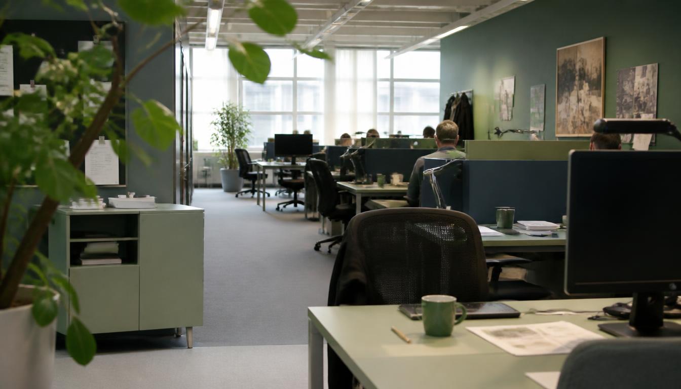 Åbent kontormiljø med dagslys, grønne vægge og arbejdspladser
