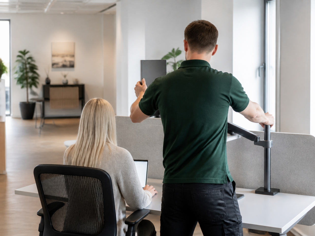 Tekniker justerer en skjermarm og arbeidslampe ved en medarbeiders skrivebord