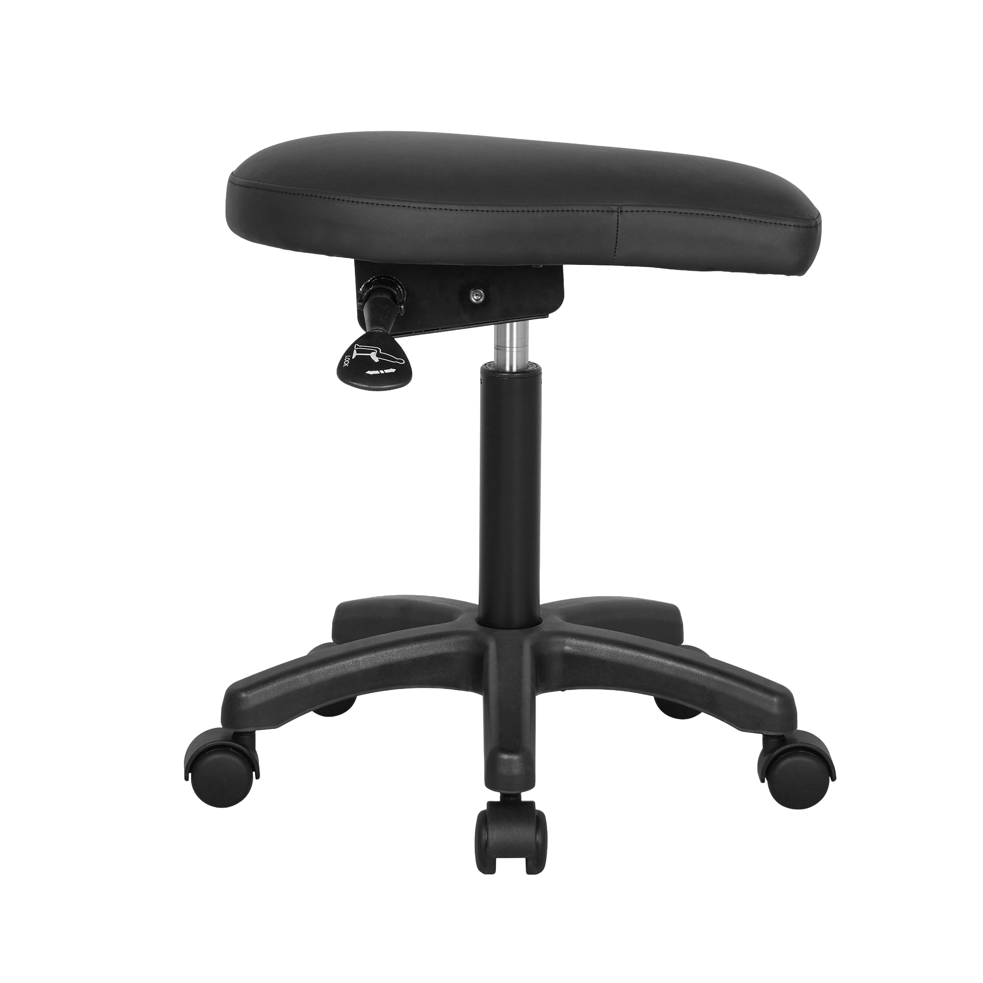 CareSeat arbeidssete sett fra siden med saleformet sete, gassylinder og femarmet understell på hjul