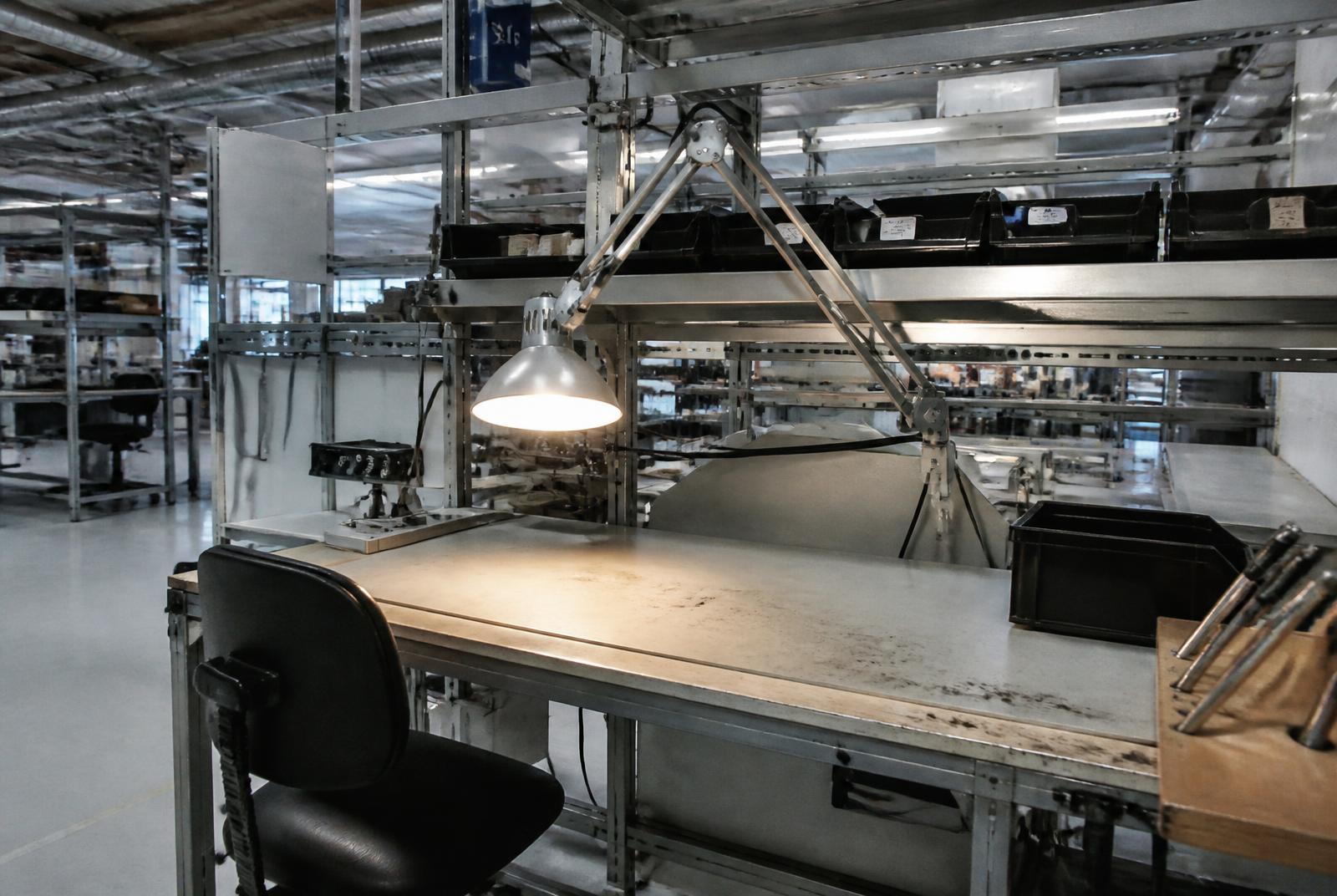 Montagebord i en produktionshal med arbejdslampe, værktøj og dagslys fra højtsiddende vinduer