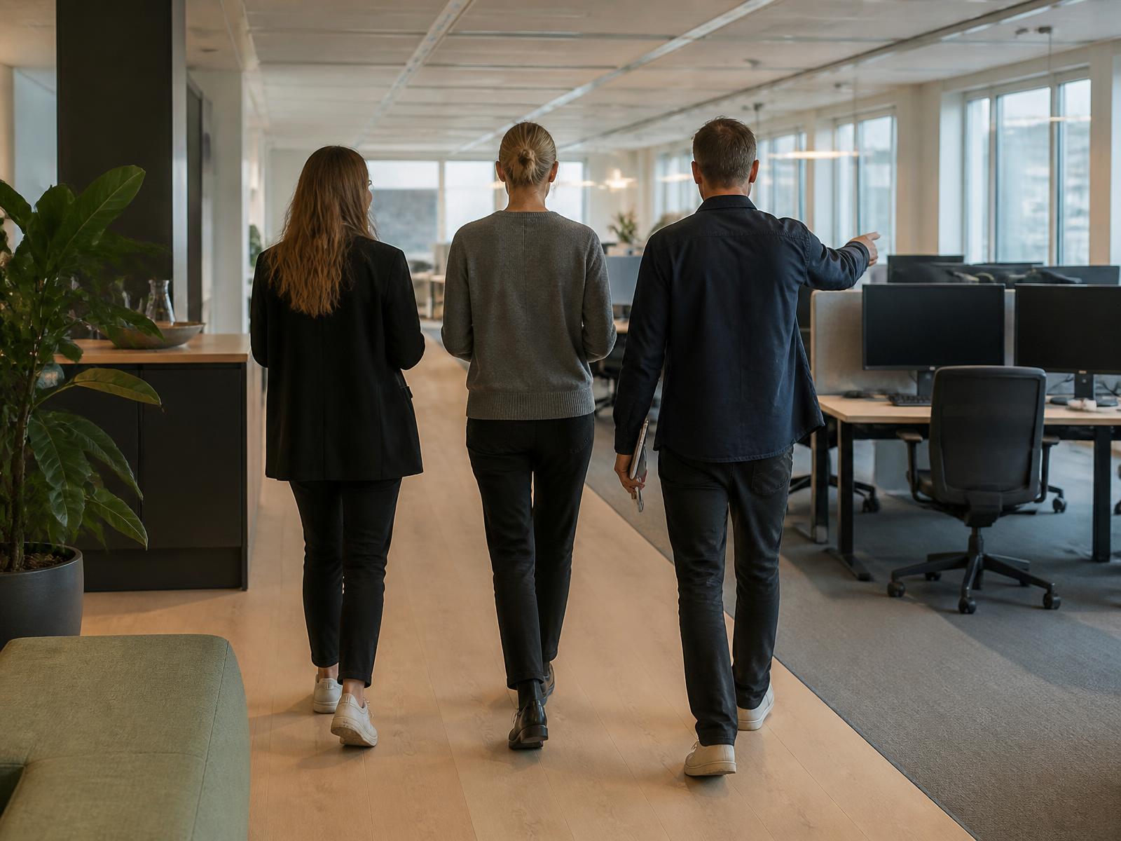 Konsulent går gennem kontoret sammen med to medarbejdere og peger på en arbejdsplads