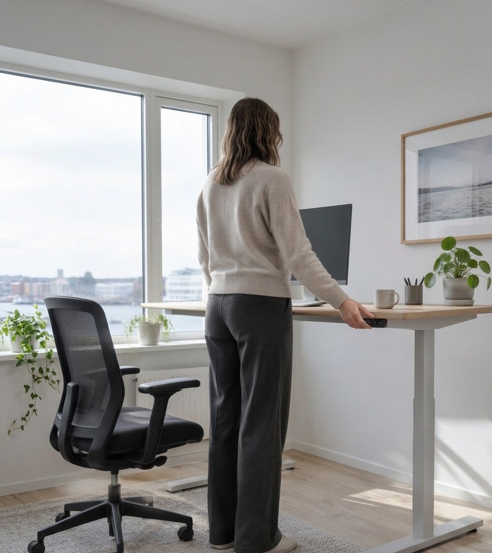 Hæve-sænkebord og ergonomisk kontorstol indstillet til brugeren