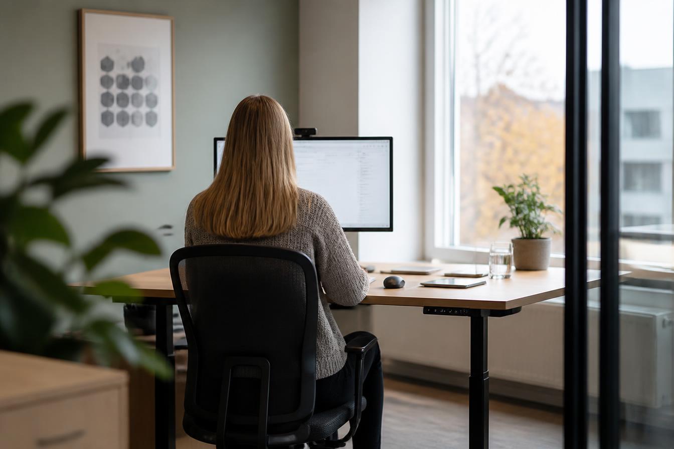 Medarbejder set bagfra ved en indstillet kontorarbejdsplads med skærm og ergonomisk stol